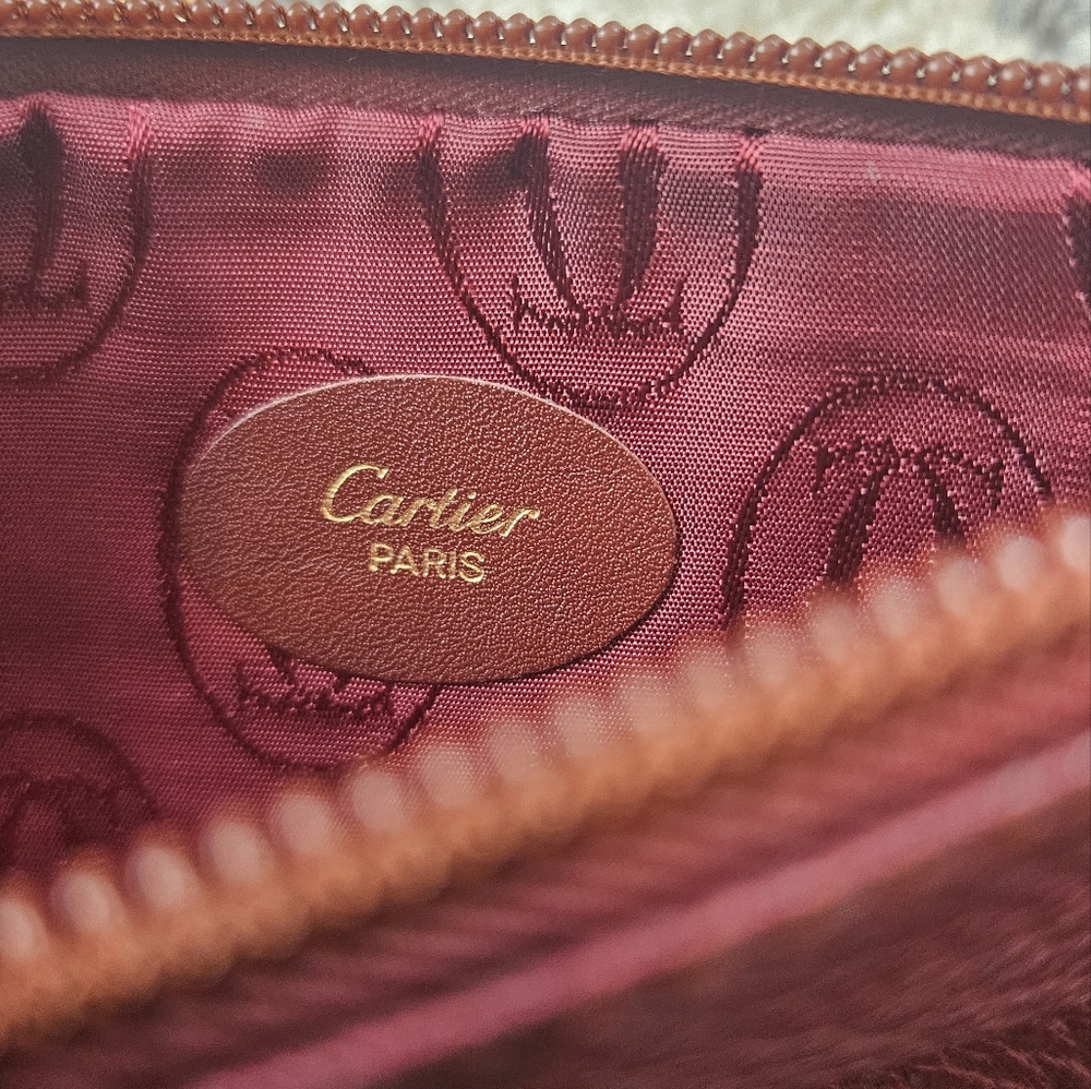 EUC Vintage Must de Cartier Bordeaux Leather Coin Purse Wristlet w/ Chain & Card - Picture 6 of 14